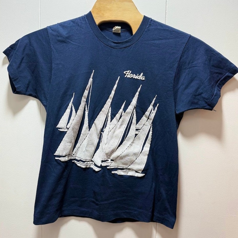 Vintage 80s Screen Stars Florida Puff Print Blue T-Shirt Large Single Stitch USA